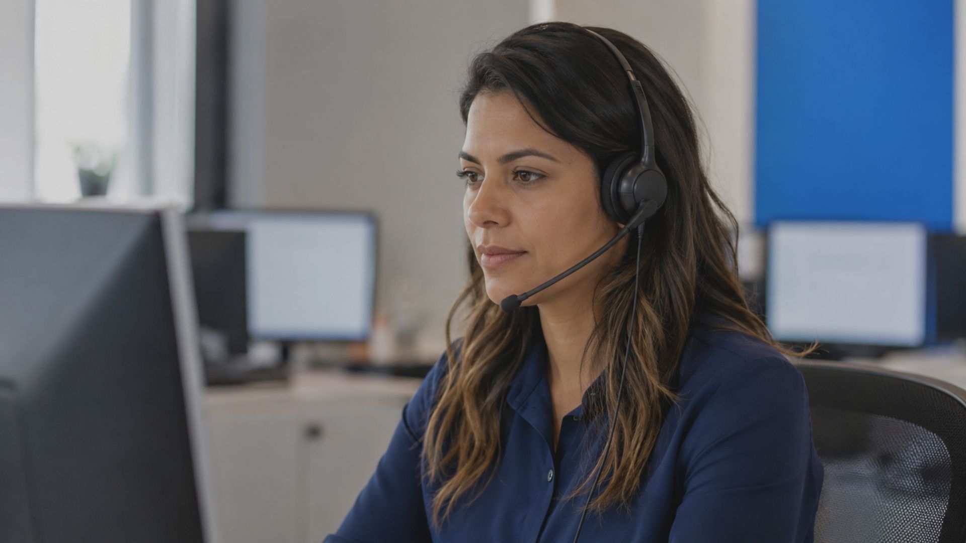 Operadora de call center atendendo cliente com headset