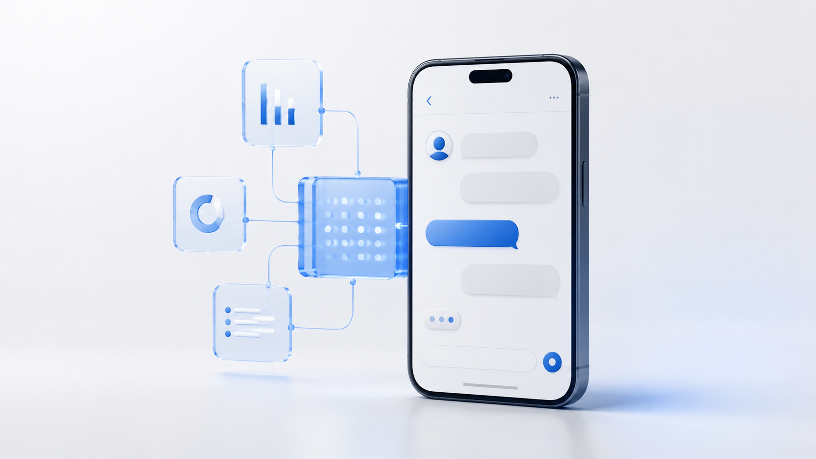 Smartphone com conversa automatizada e sistemas conectados, representando inteligência artificial no atendimento ao cliente.