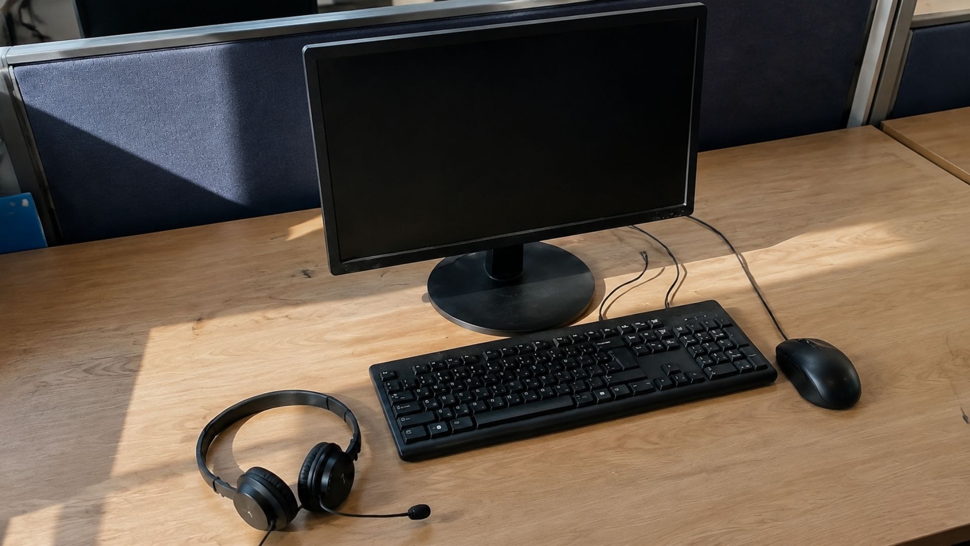 Posto de trabalho de call center com headset e monitor
